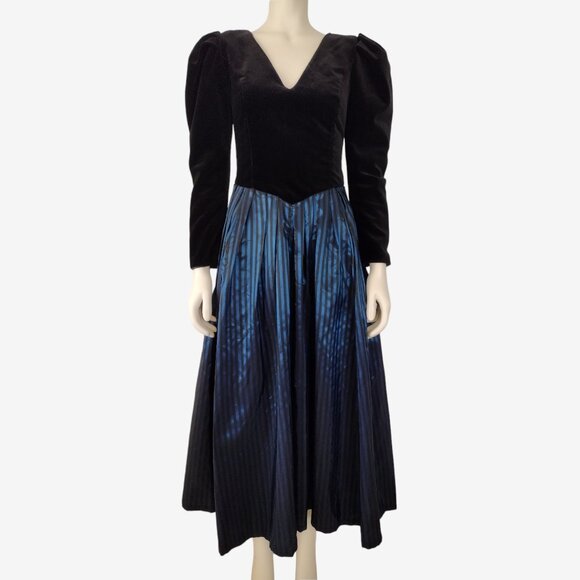 Vintage 1980s Laura Ashley Striped Taffeta Velveteen Fit and Flare Dress